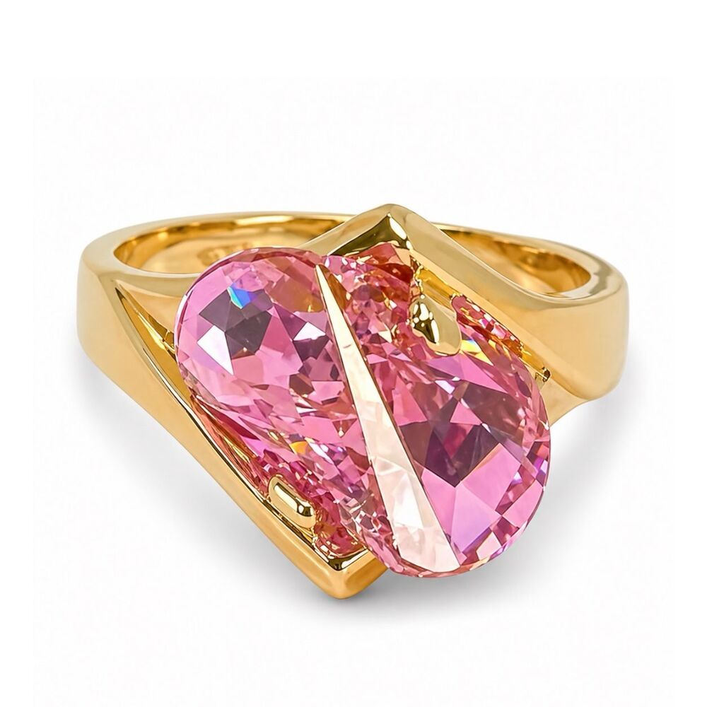 Vintage 1970s Ring Size 8 Lens Cut Pink CZ Modernist 14K Gold Plate - 14J